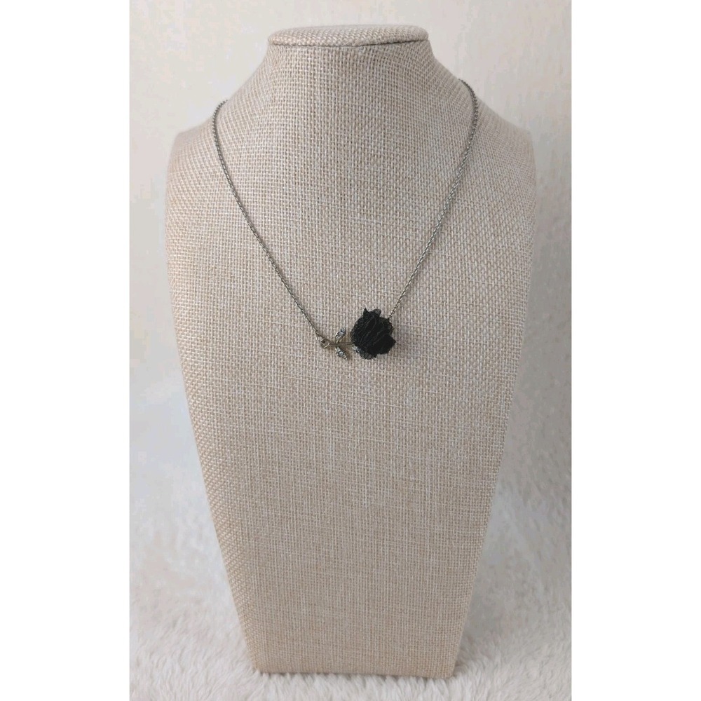 Black Rose Pendant Necklace Rhinestone Leaves Gothic Romantic Vintage Style...